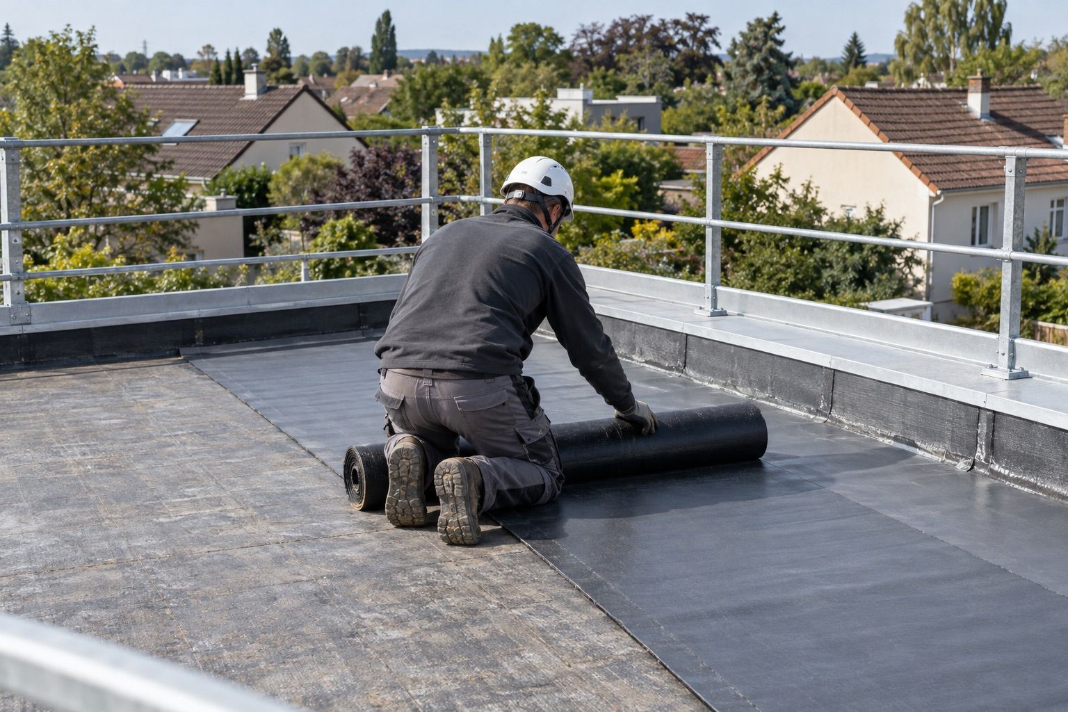Couvreur casqué déroulant une membrane d’étanchéité sur un toit-terrasse avec garde-corps périphérique permanent.
