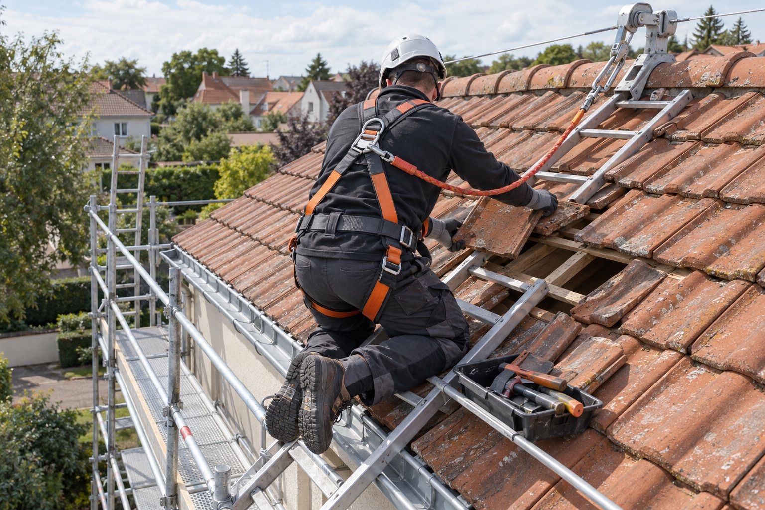 Mains gantées soulevant une rangée de tuiles endommagées, outils sur une échelle de toit.