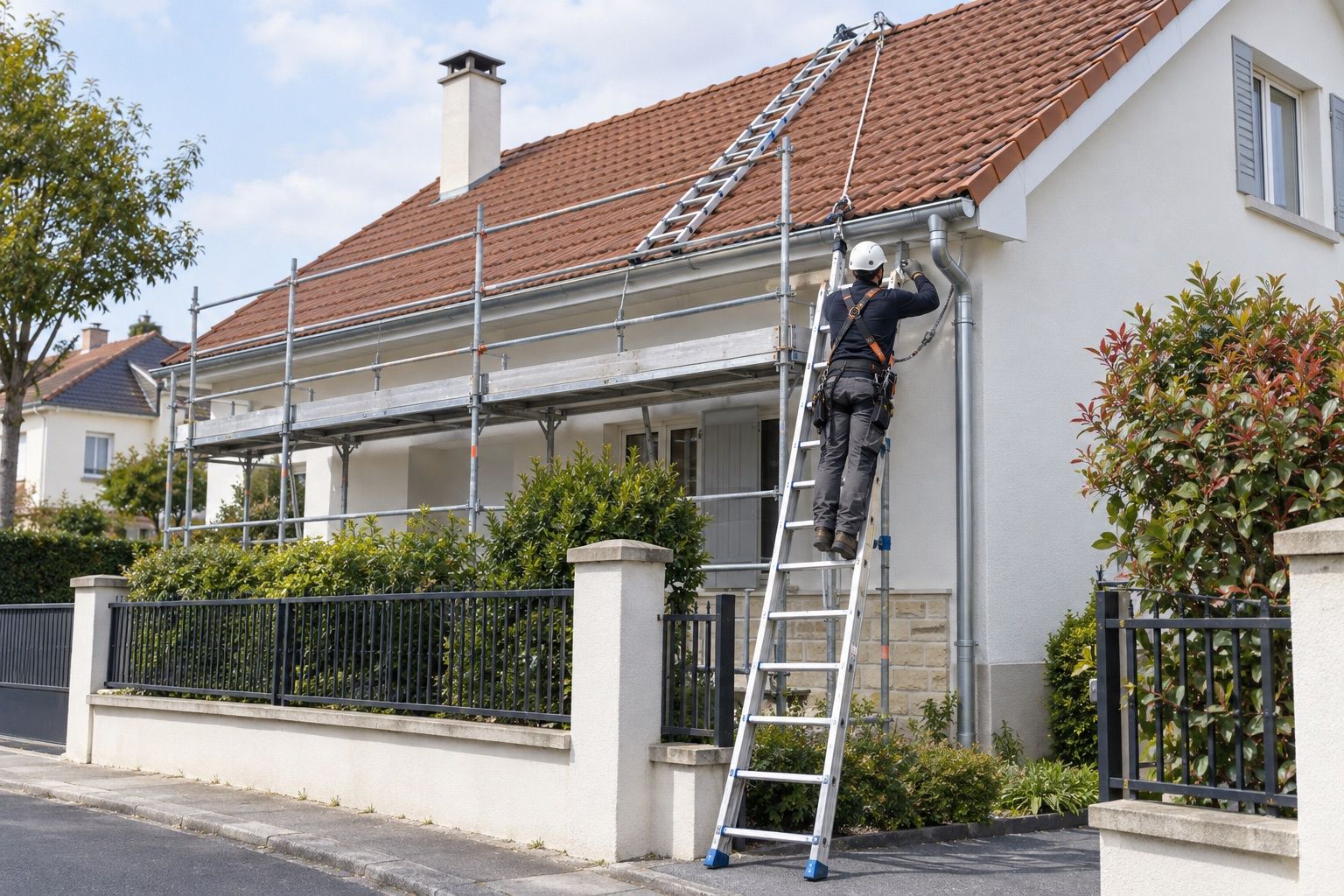Gouttière et descente neuves en zinc sur maison blanche, ouvrier sur échelle arrimée, harnais ancré.